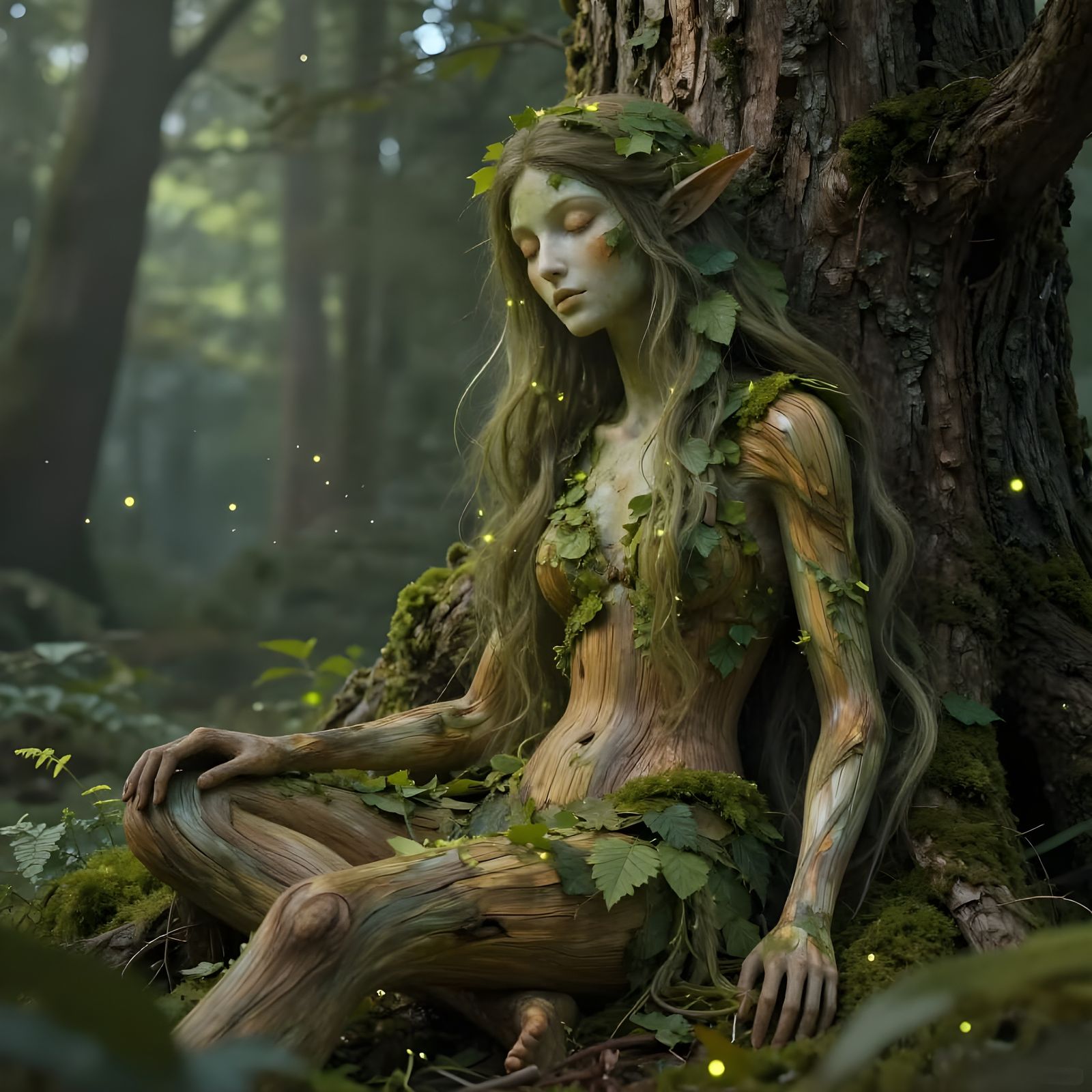 Dryad Tree Spirit Resting in Forest Fairytale Style