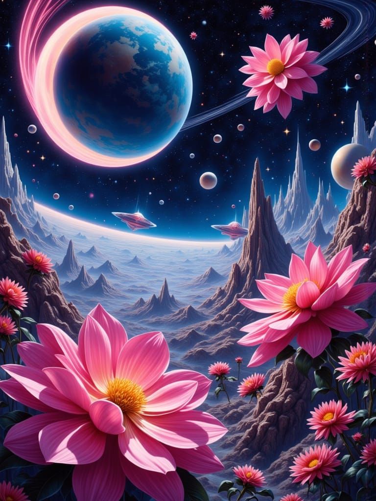 Cosmic Flowers Bloom in Retrofuturistic Outer Space