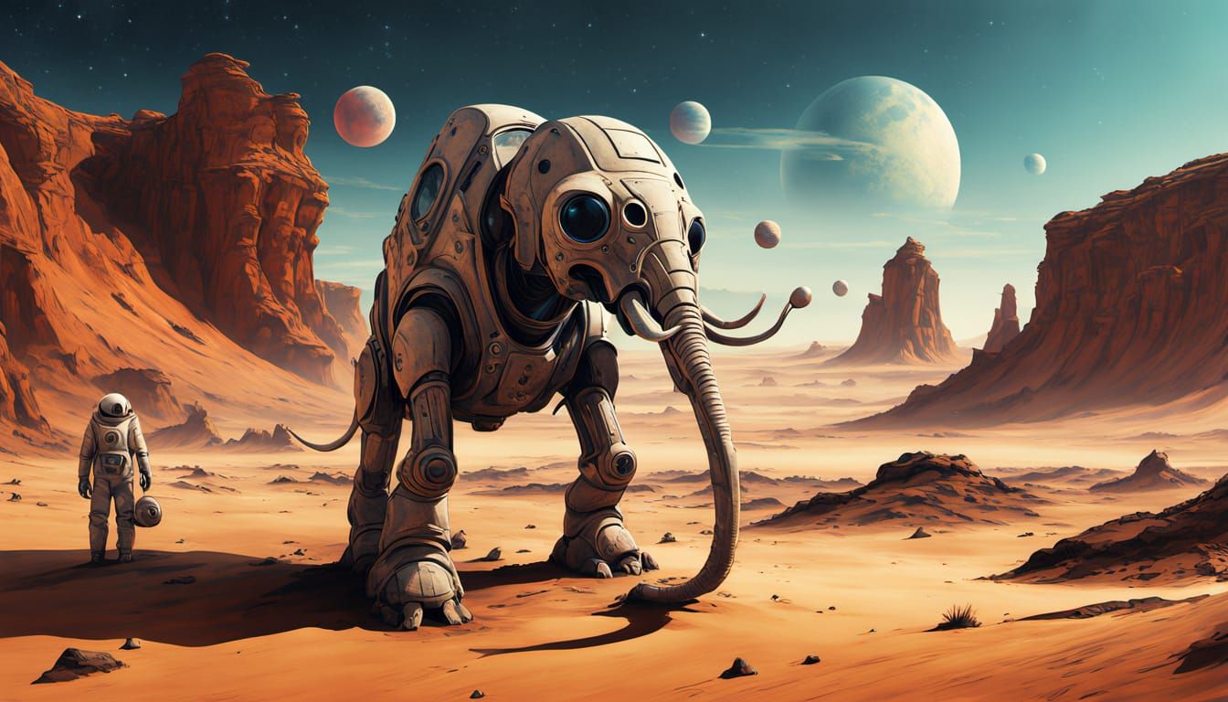 Astronaut on Alien Desert with Crystal Formations and Two Mo...