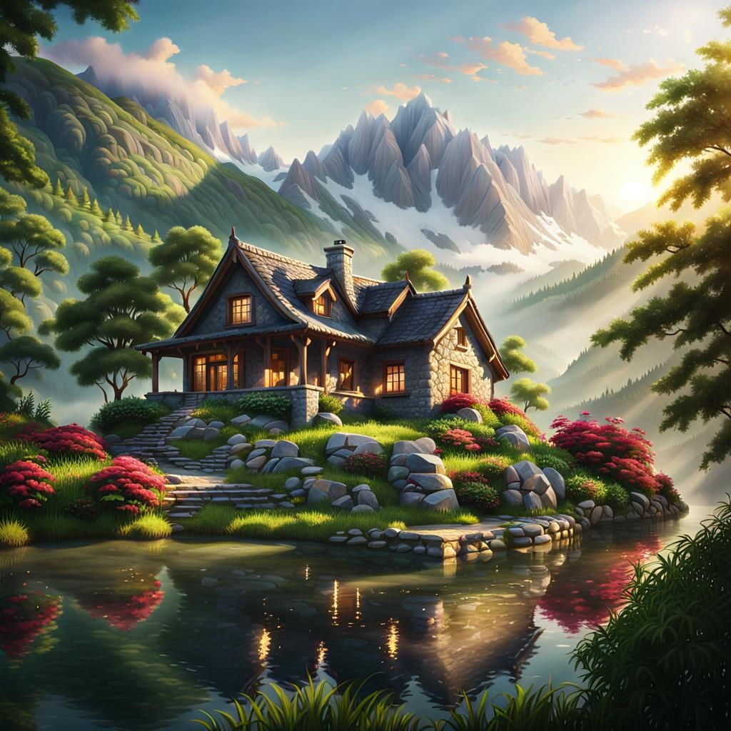 Idyllic Stone House in Mountain Landscape, Photorealistic
