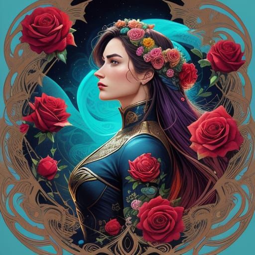 Woman Adorned with Roses in Comic Book Art Style