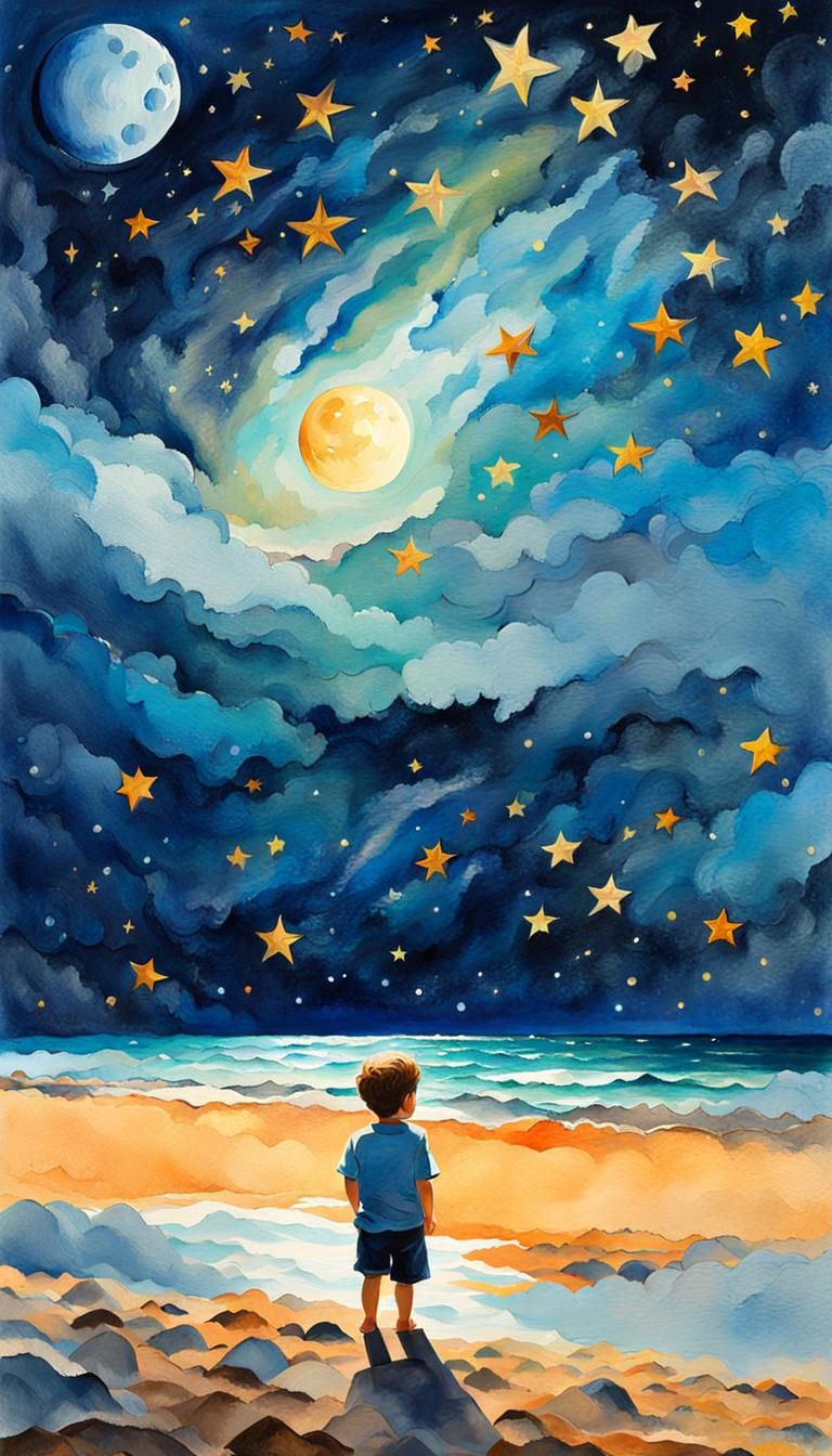 Boy Stargazing on Beach in Gouache Watercolor Style