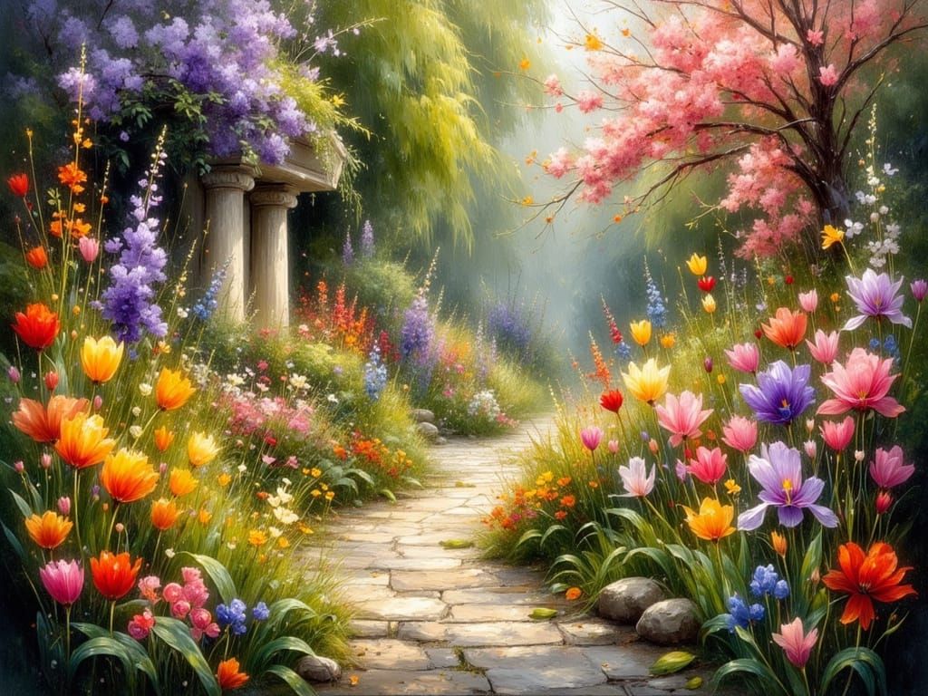 Vibrant Garden of Tulips, Irises, Roses in Oil Painting Styl...