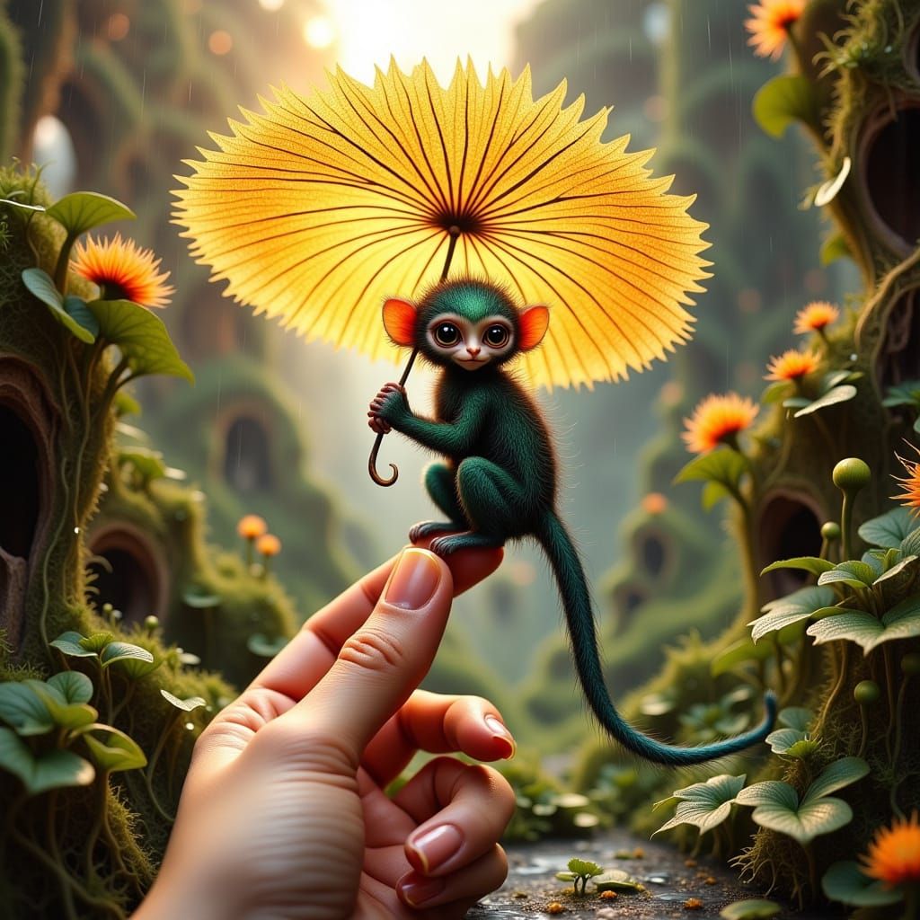 Surreal Miniature Monkey Under Morning Sun Umbrella