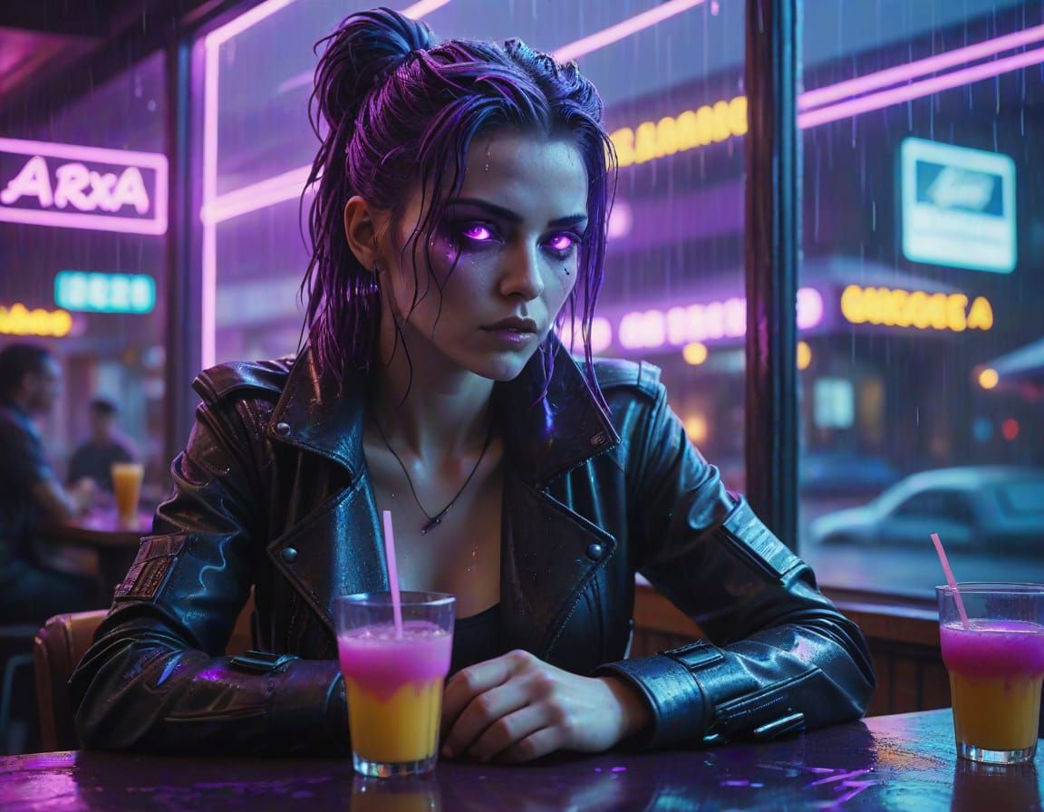 Cyberpunk Woman in Neon Cafe: Cinematic Film Still