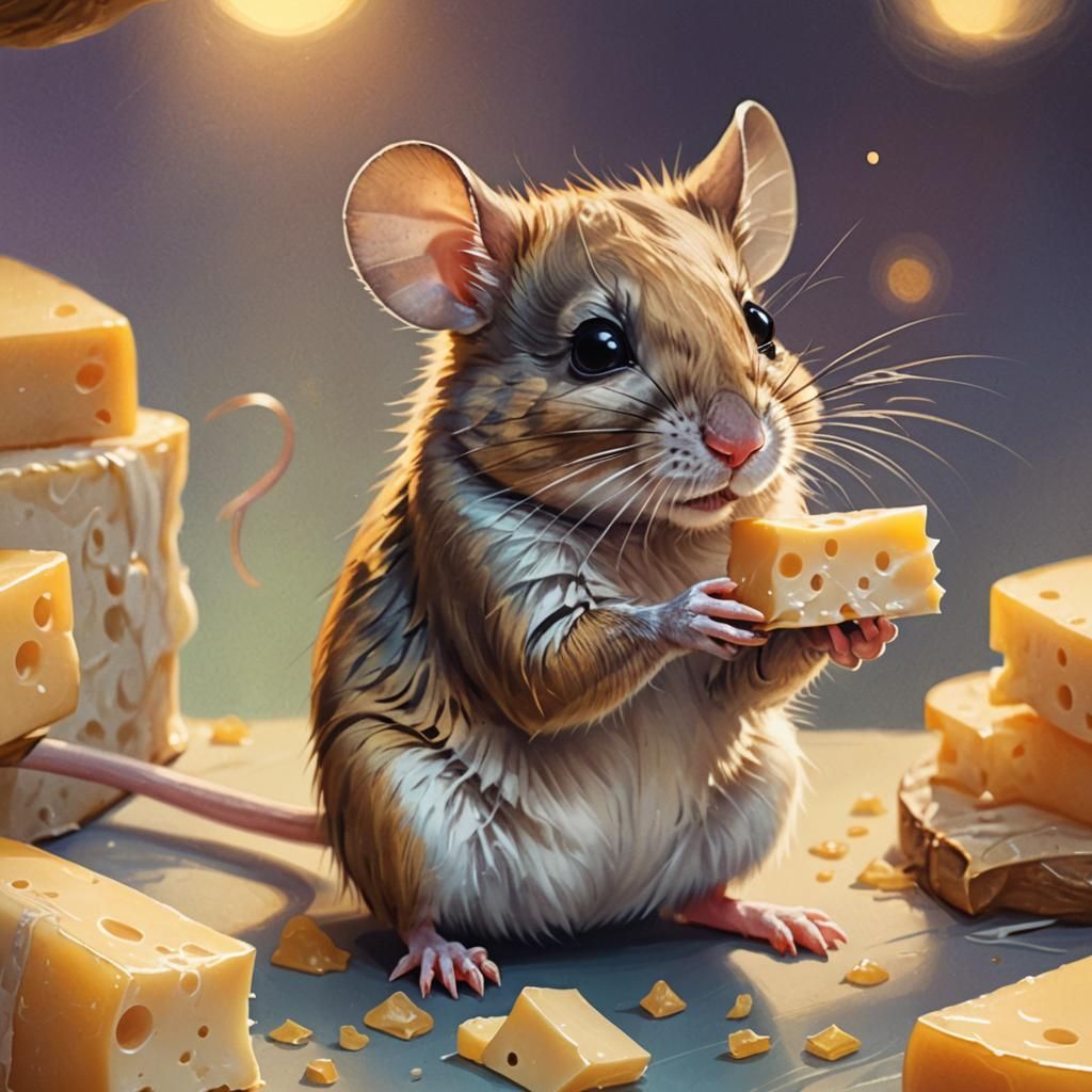 Whimsical Mouse Nibbling Cheese, Watercolor Illustration