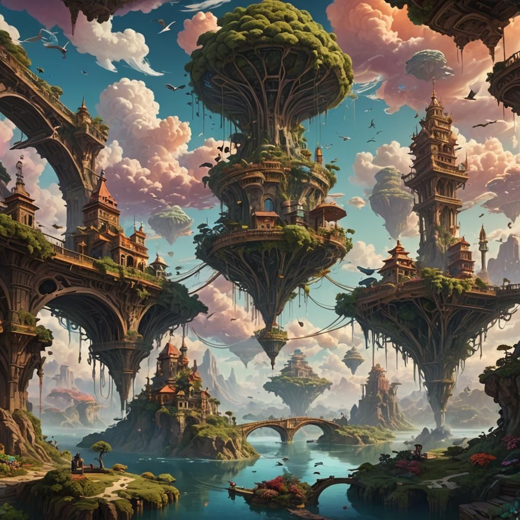 Dreamlike Floating Islands in a Fantasy Landscape