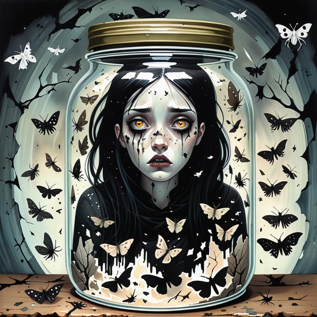 Girl in Jar: Surrealist Gouache Painting