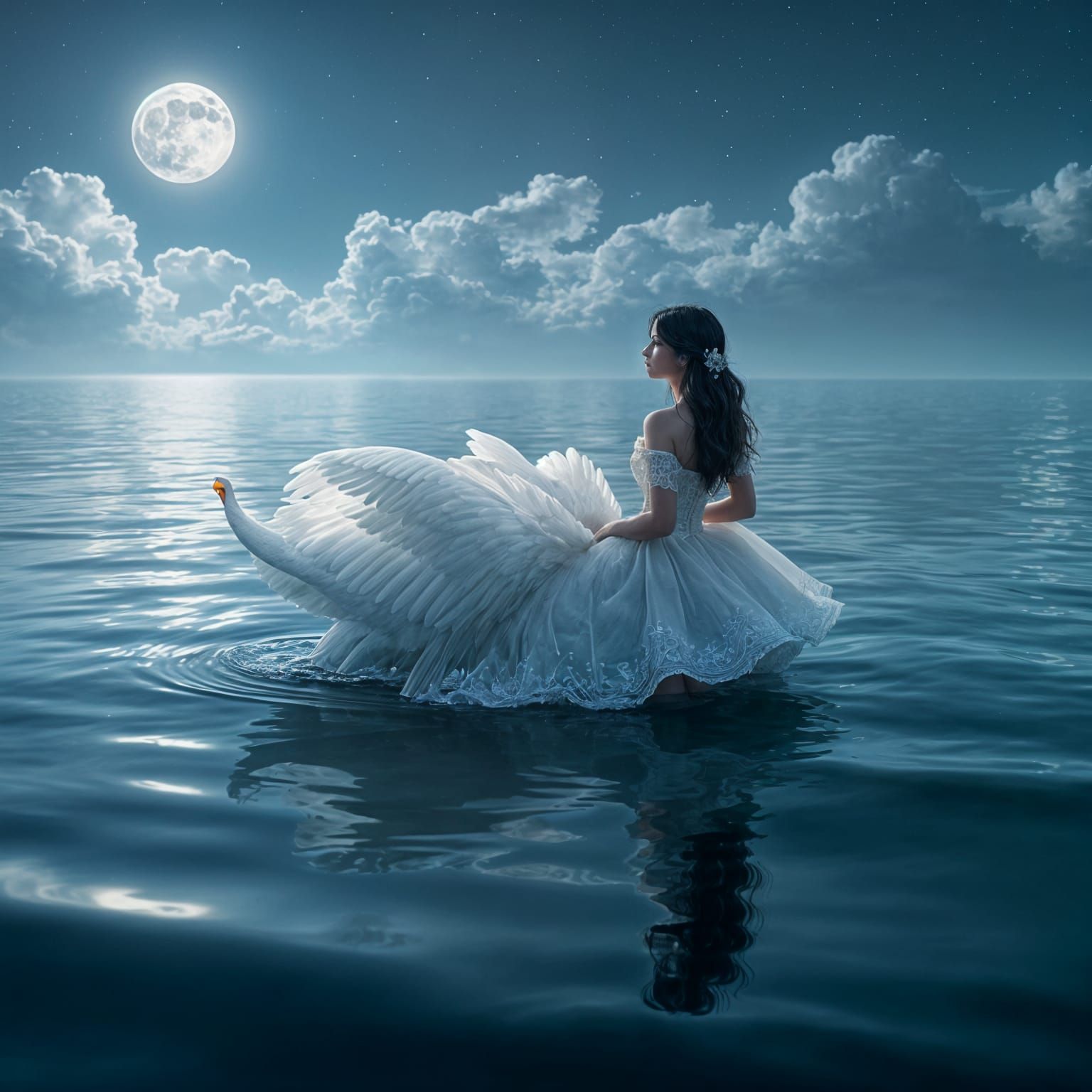 Swan Princess Walks on Sea in Moonlight