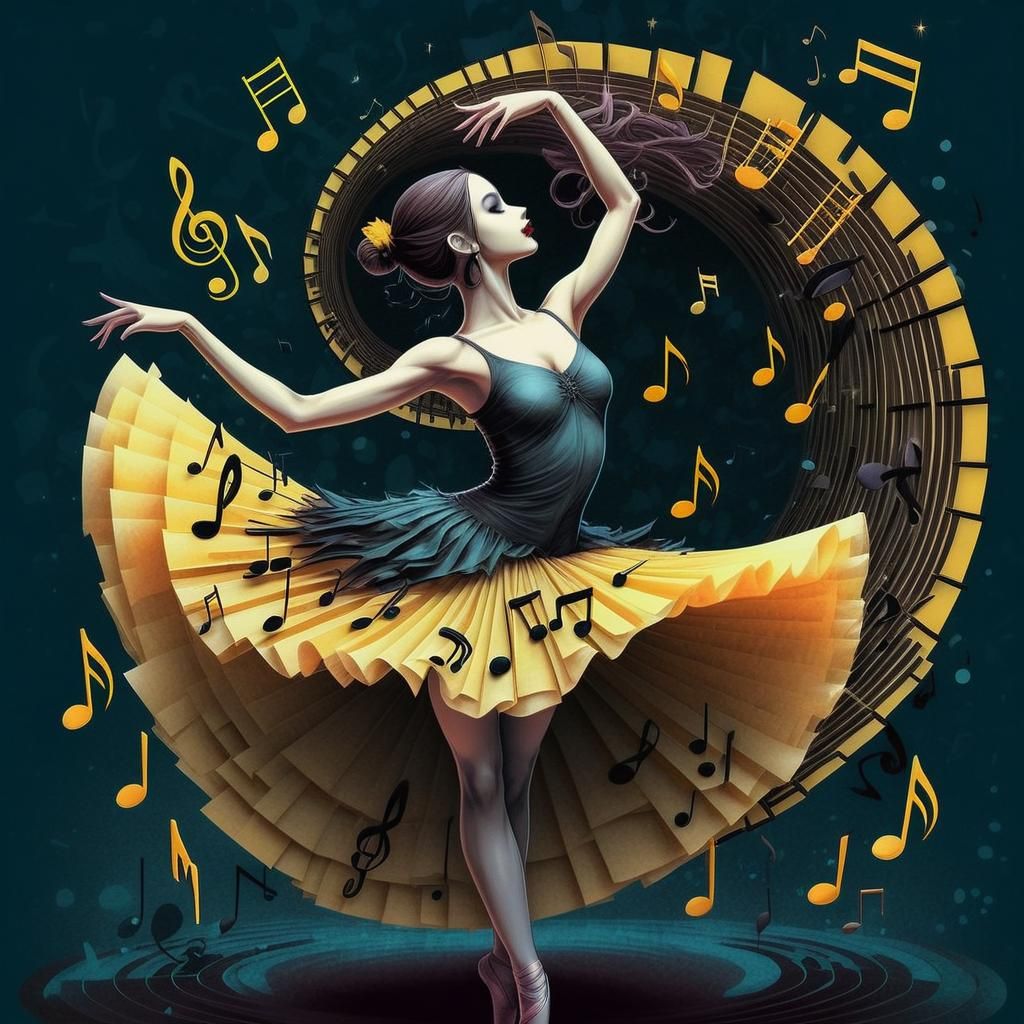 Ballerina's Dance in a Swirl of Musical Notes