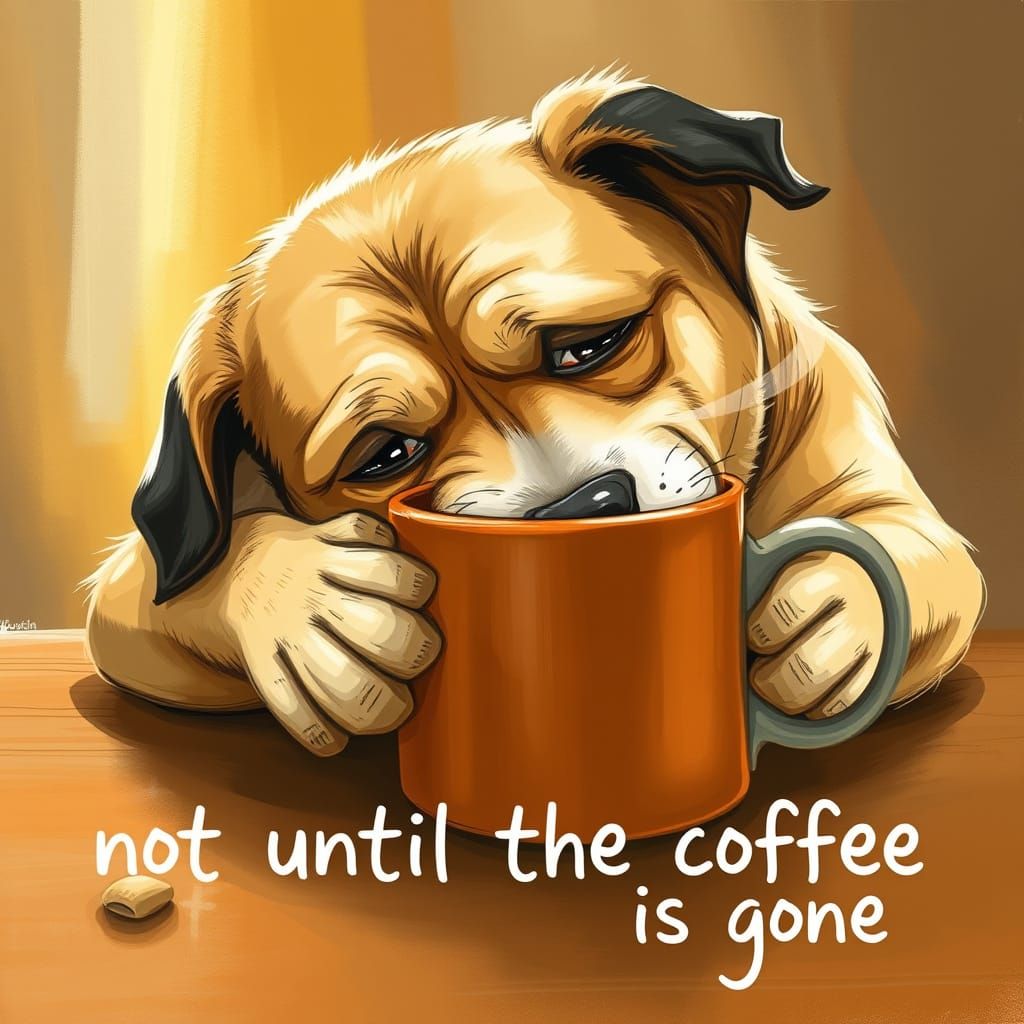 Tired Dog Sips Coffee in Cozy Morning Scene