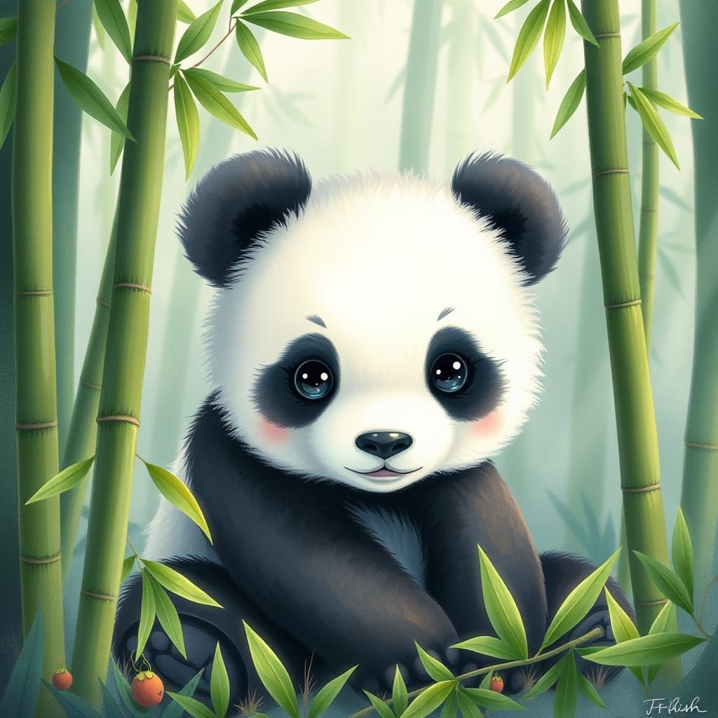 Whimsical Panda Cub in Lush Bamboo Forest