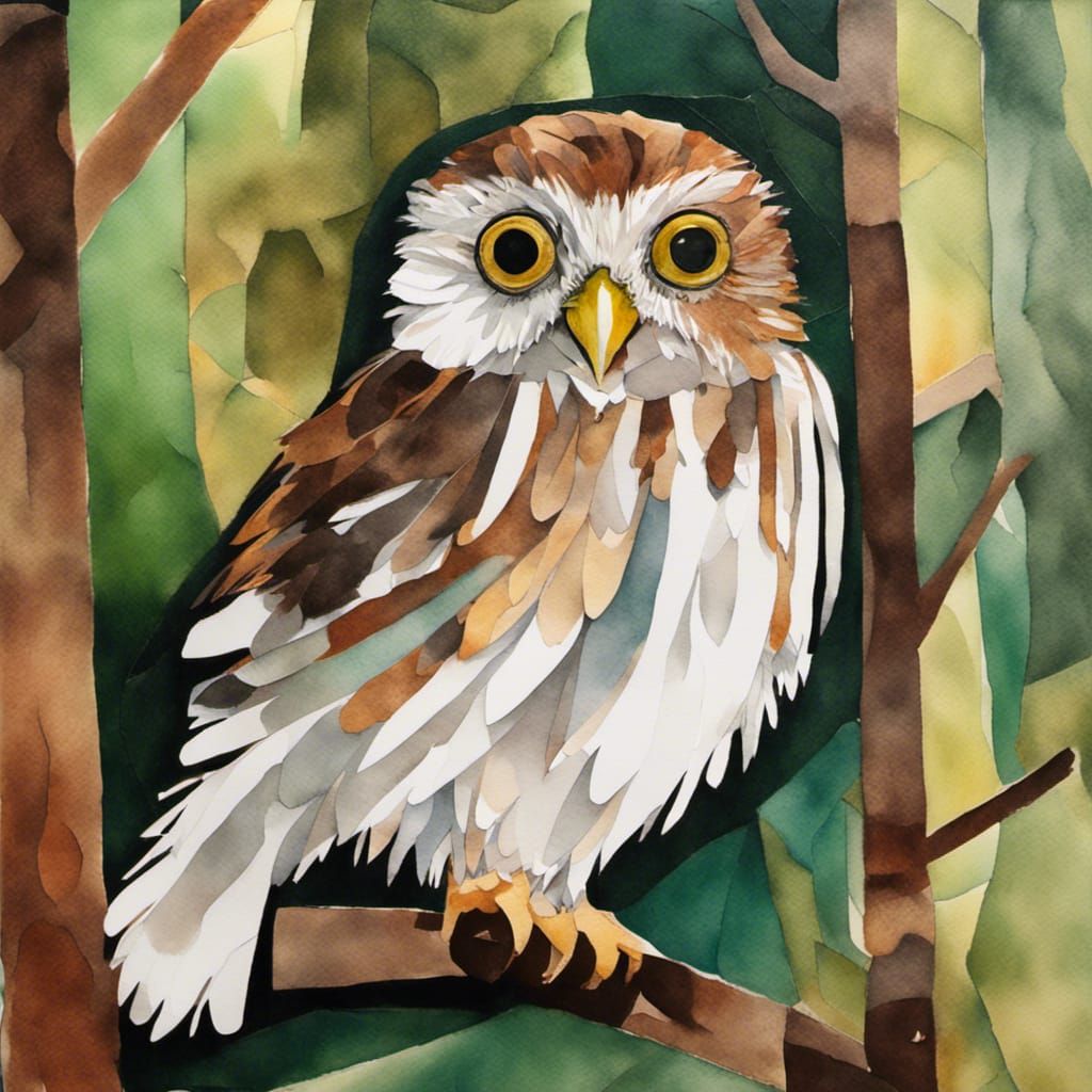 3D Pygmy Owl in Deciduous Forest: Abstract Watercolor