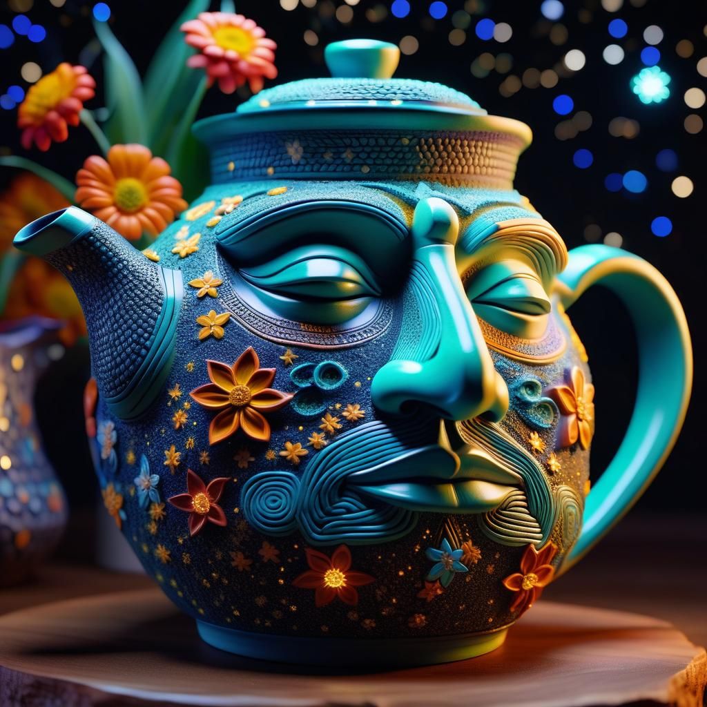 Luminescent Human Face as Clay Teapot in Vivid Colors