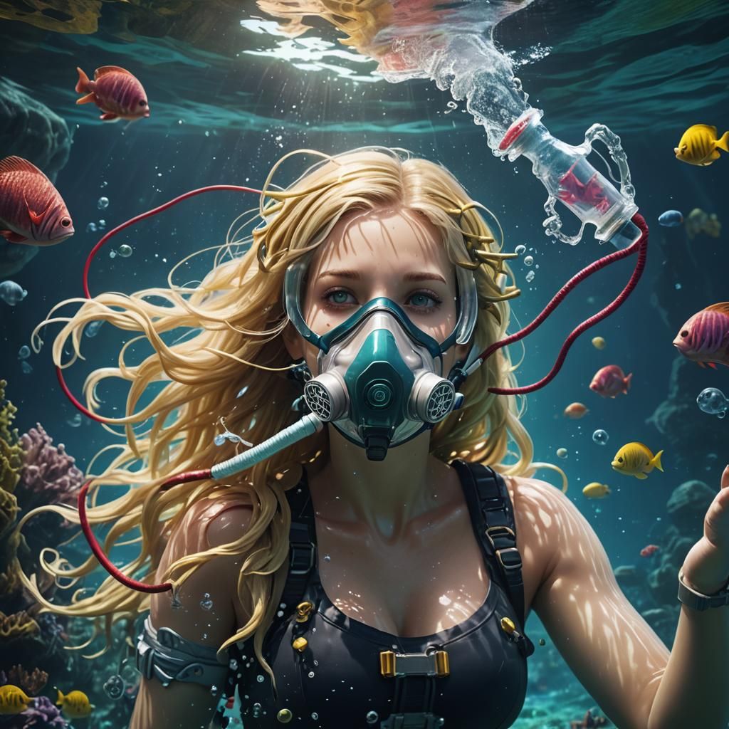Underwater Pregnant Woman with Oxygen Mask