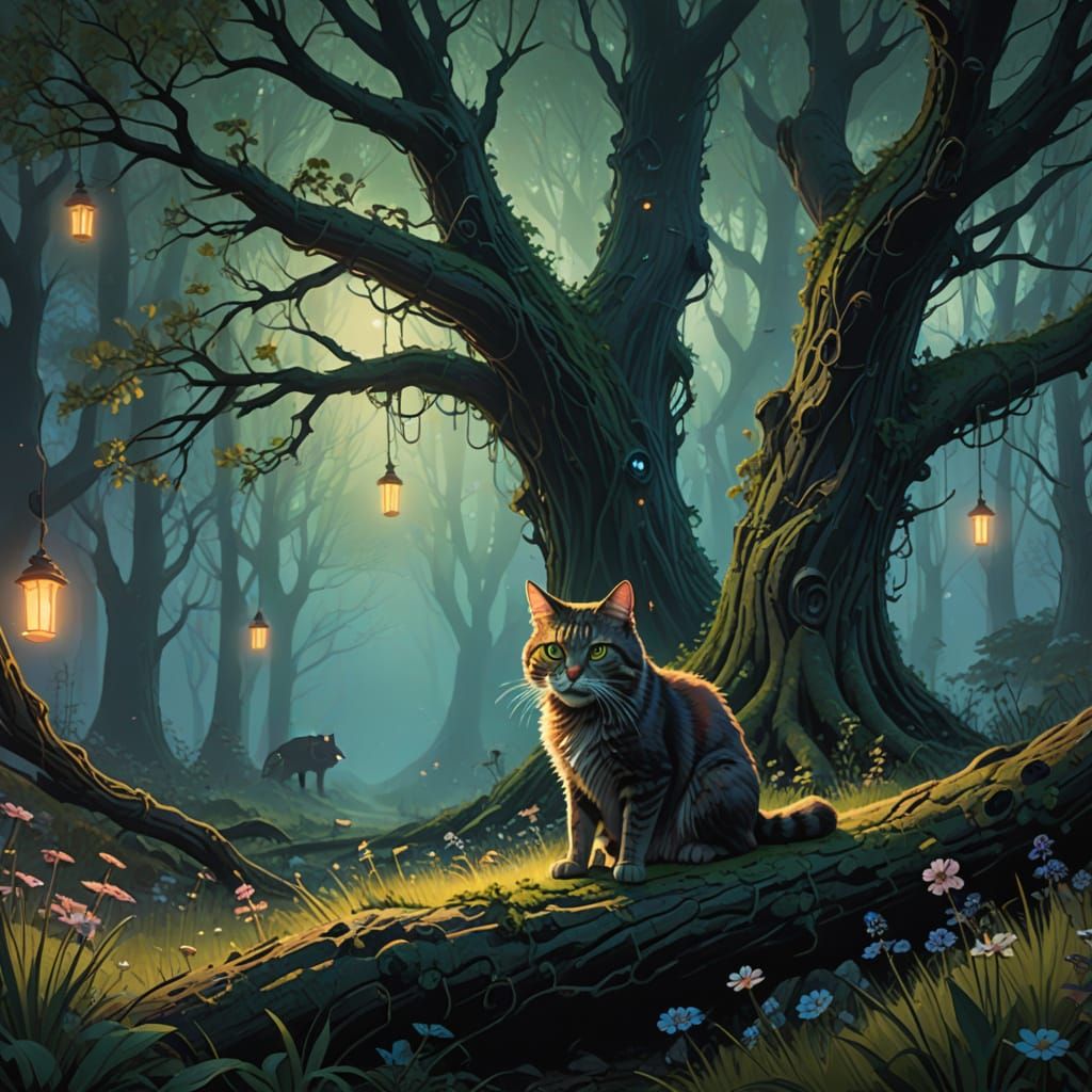 Majestic Cat in Ancient Tree Watches Person Walking Dog in V...