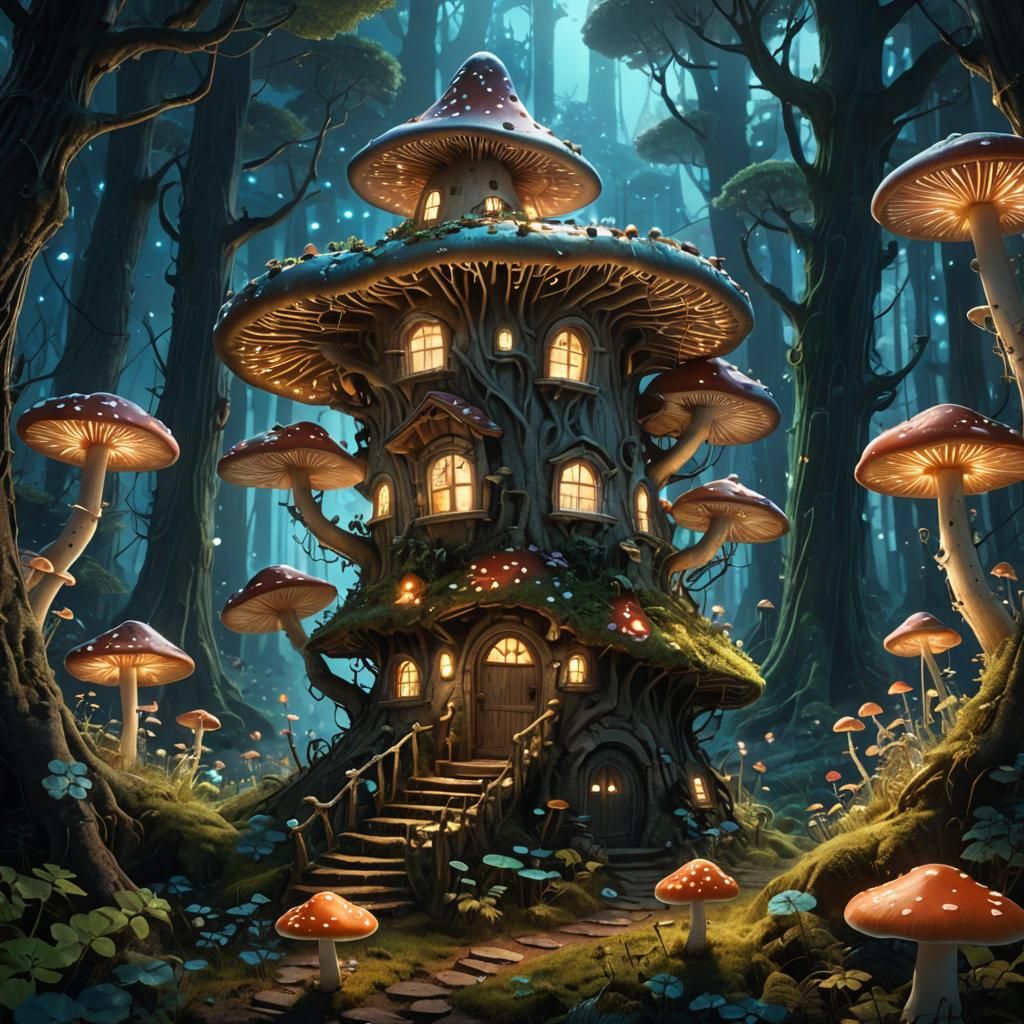 Enchanted Fairy Mushroom House in Bioluminescent Forest