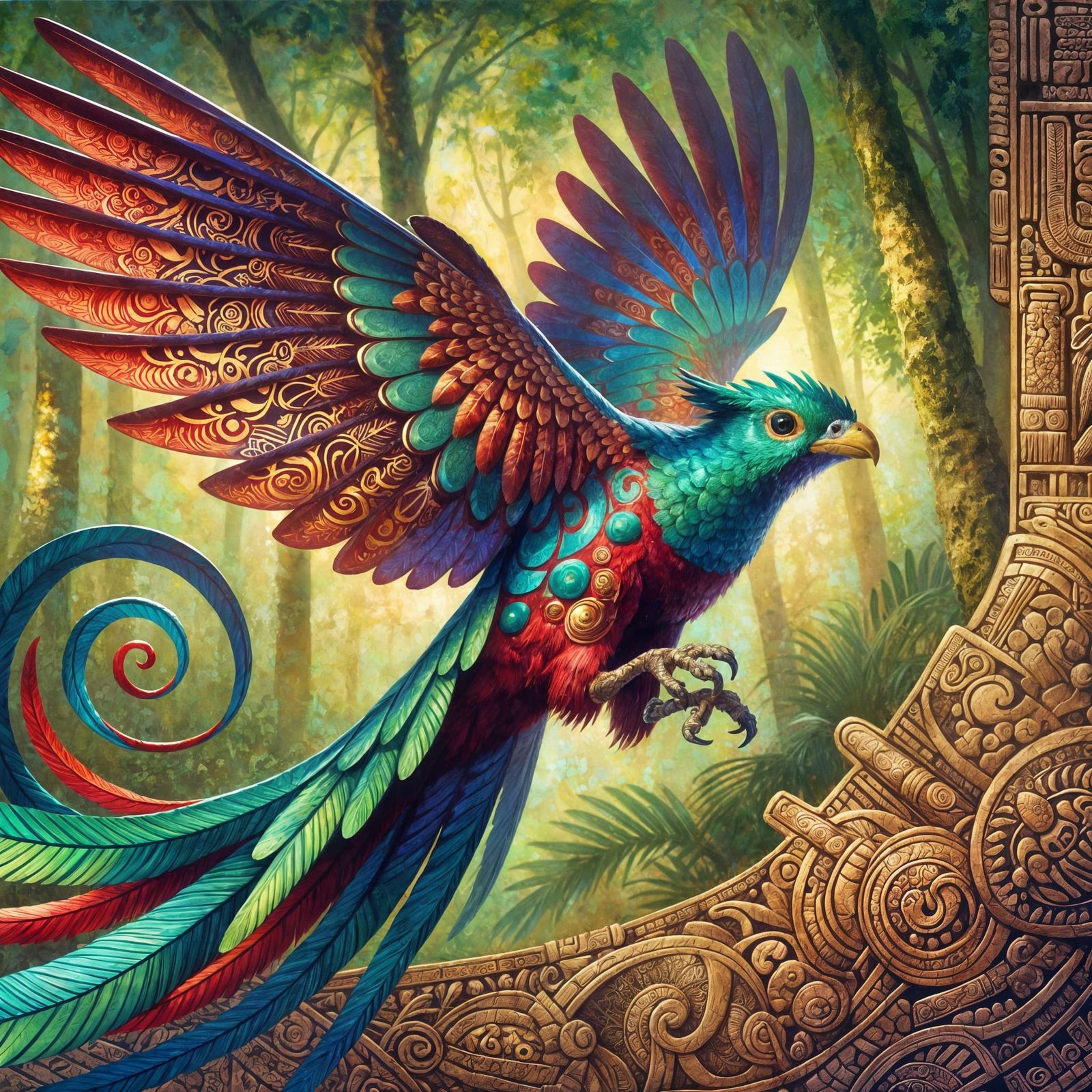 Mystical Quetzal Bird with Aztec Gold Filigree