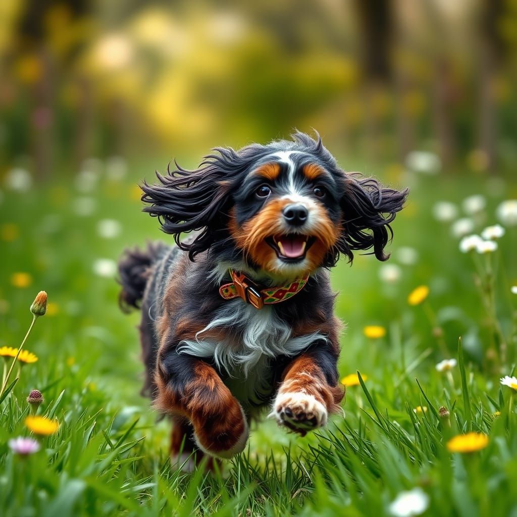 Fluffy Cockerspaniel Runs in Whimsical Meadow Landscape