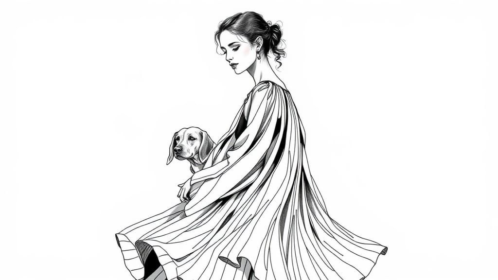 Elegant Woman and Dog Sketch in Calligraphic Style