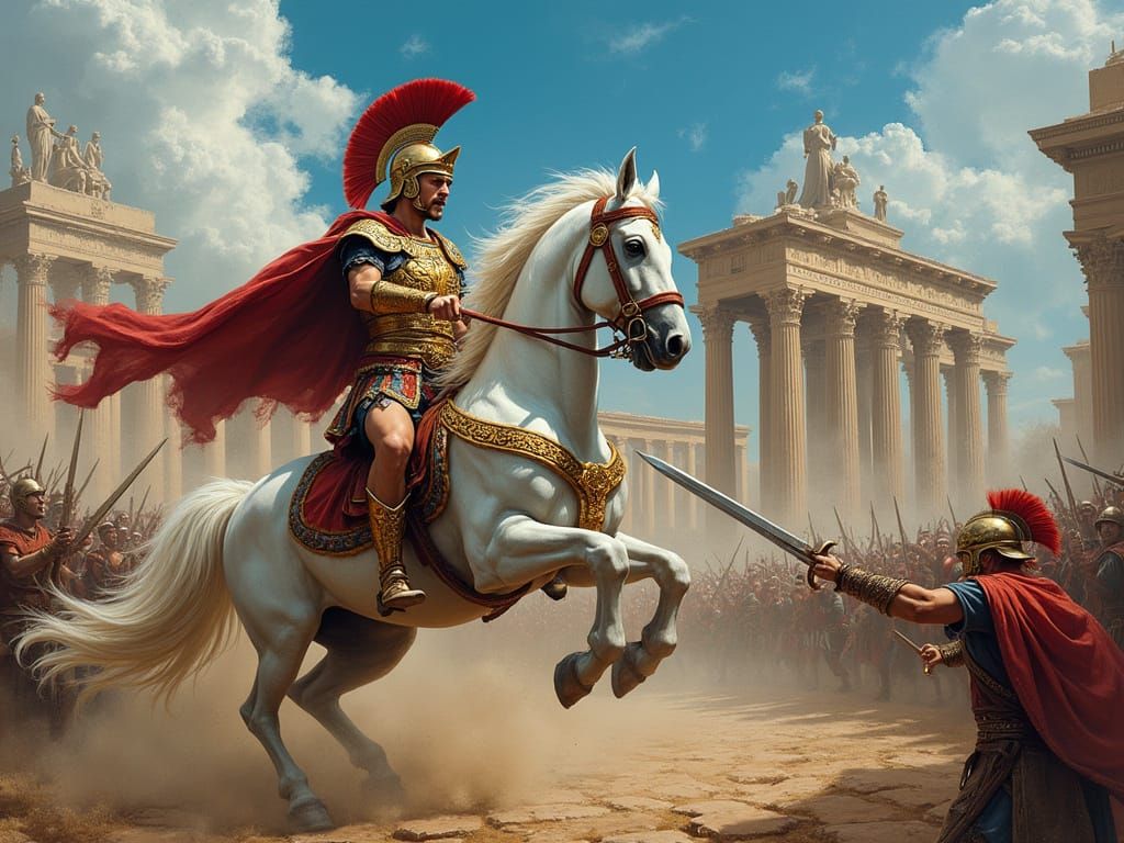 Ancient Roman General on White Horse Engages in Epic Battle