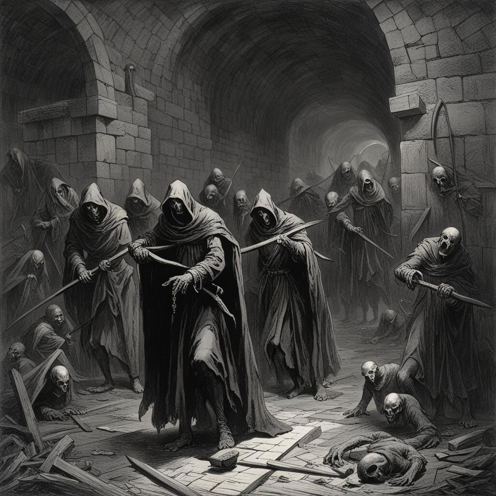 Blood Rain in Crypt with Grim Reapers: Horror Scene