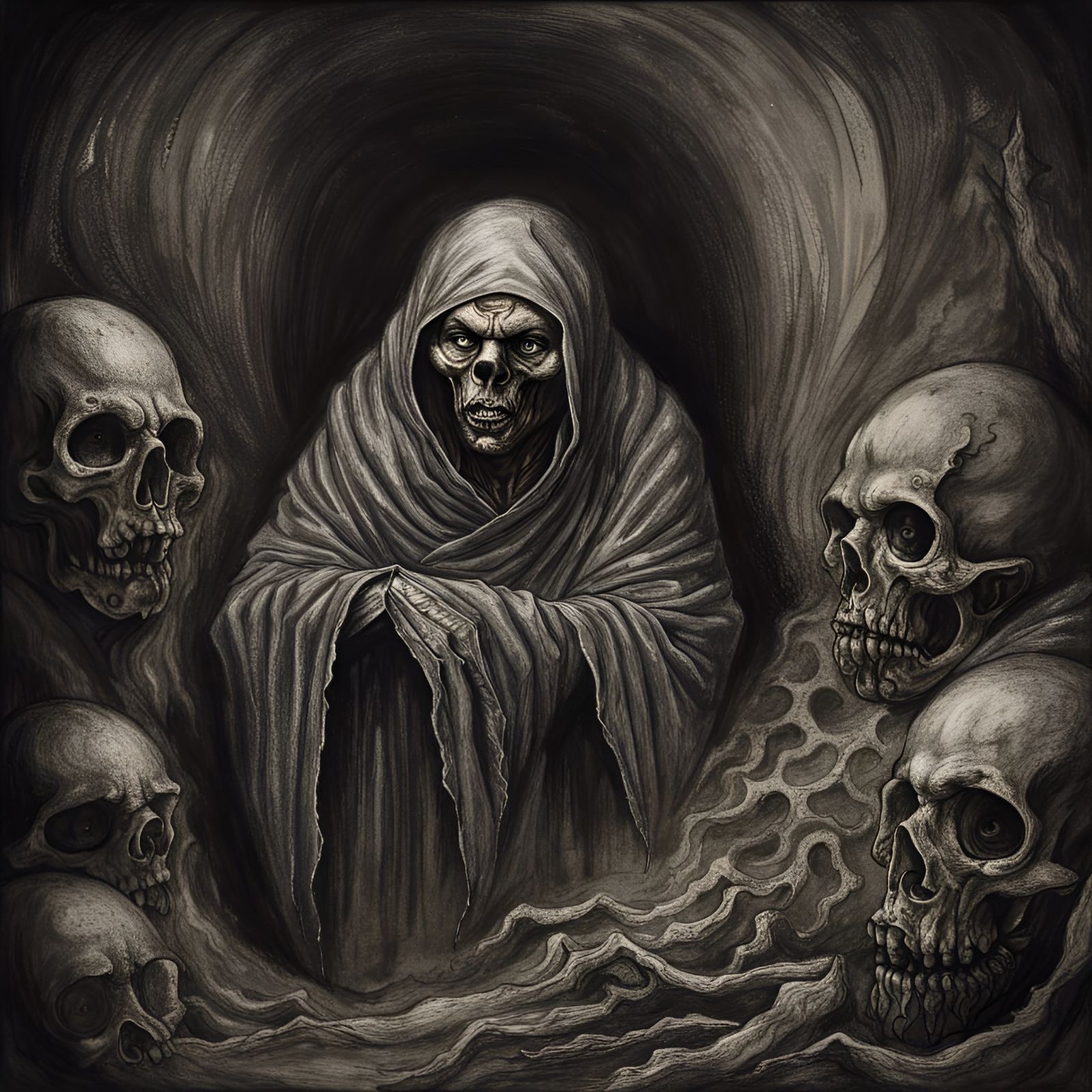 Hyperdetailed Undead Monk in Catacombs Charcoal Drawing