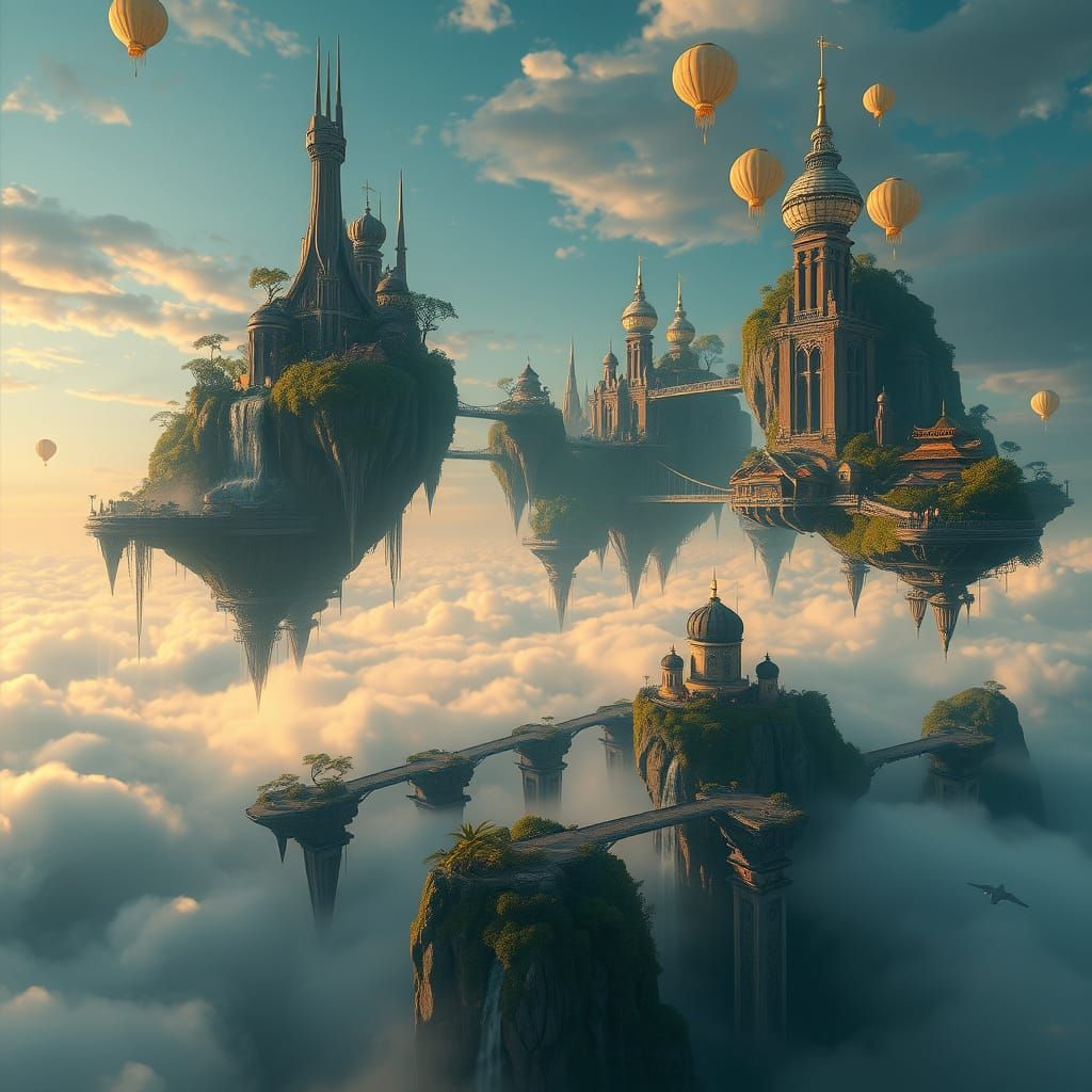 Breathtaking Floating City with Waterfalls and Towers