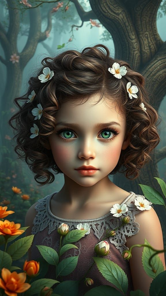 Whimsical Fantasy Portrait of a Young Girl in a Dreamlike Se...