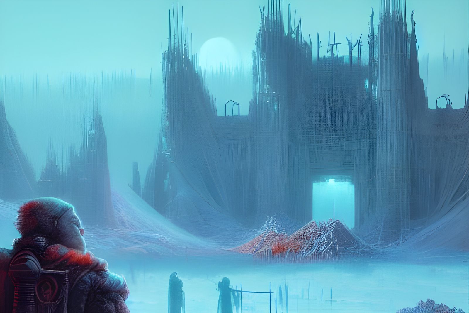 Frozen Wasteland with Glowing Constructs in Hyper-Realism