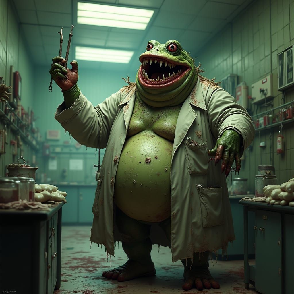 Grotesque Female Doctor in Decrepit Hospital, Cyberpunk Styl...