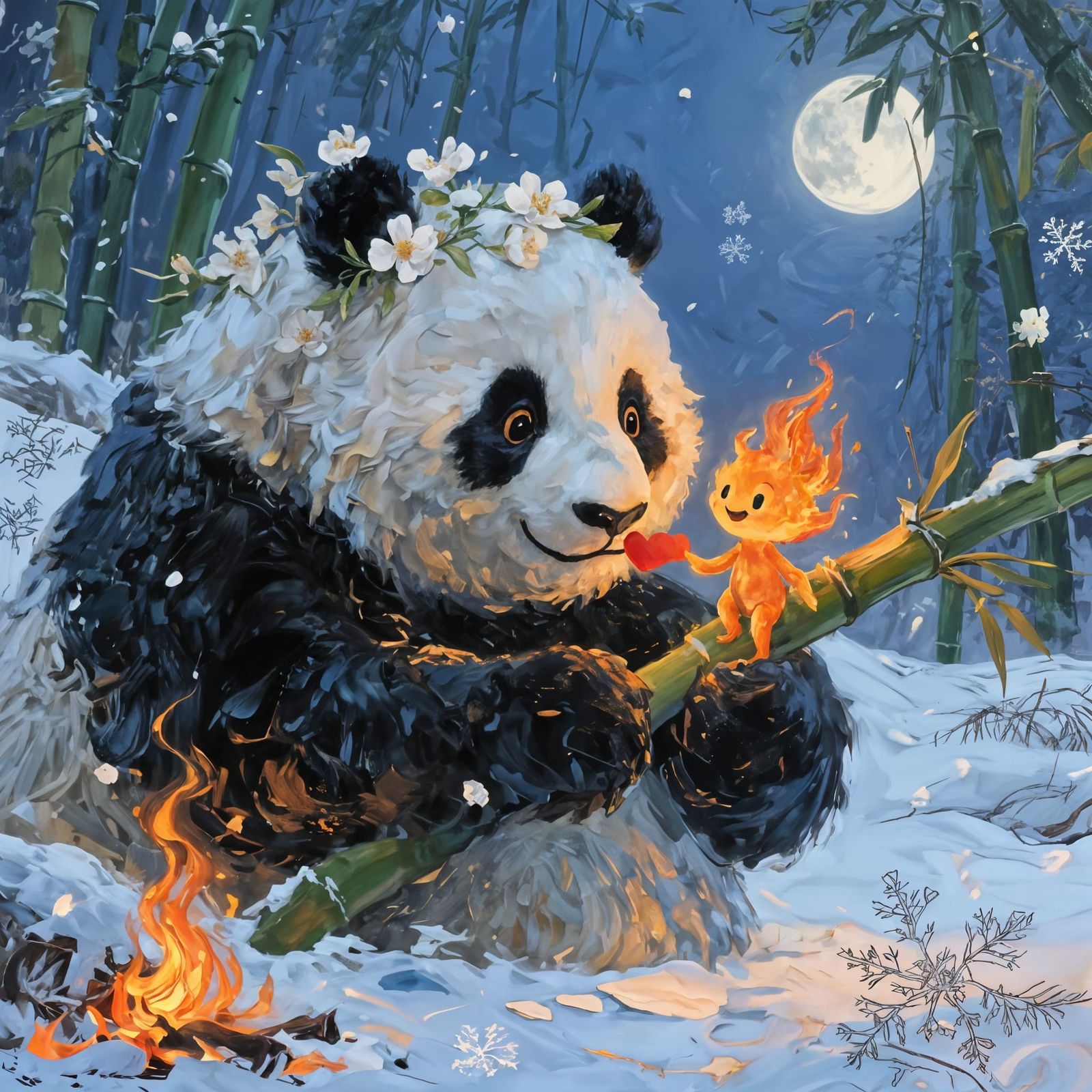 Panda and Fire Sprite in Dreamscape Oil Painting