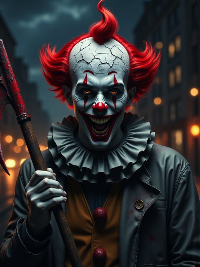 Sinister Evil Clown with Glass Teeth and Scythe