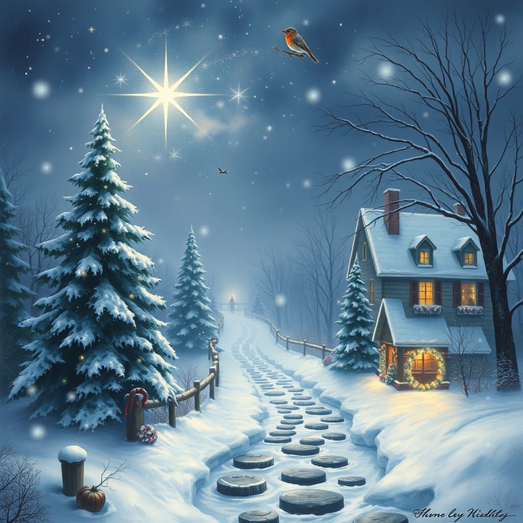 Ethereal Christmas Scene with Snowy Landscape and Robin