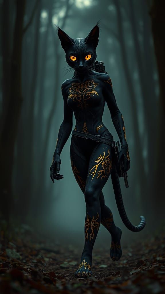 Feline Warrior Emerges from Mystical Forest