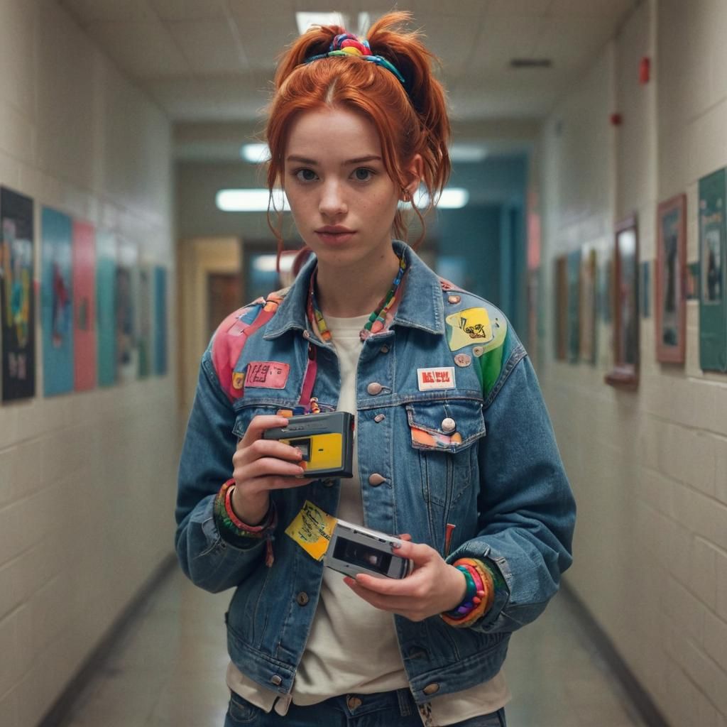 80s Retro Digital Art: Girl with Walkman in School