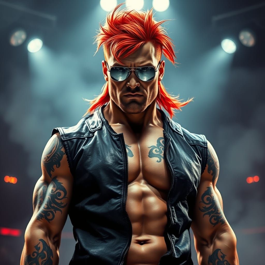 Tattooed Wrestler in Smoky Arena, Inspired by Film Noir