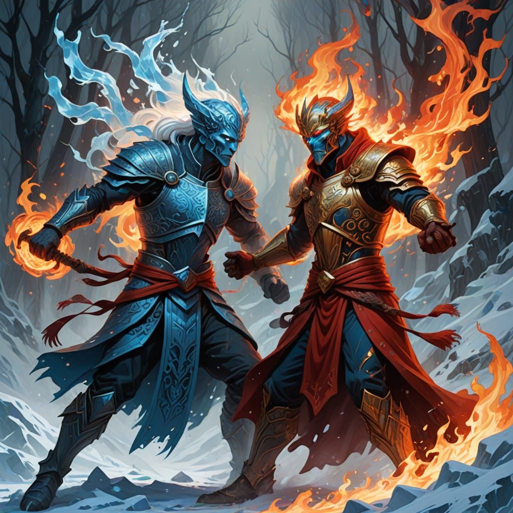 Fire and Ice Tug-of-War in Fantasy Art Style
