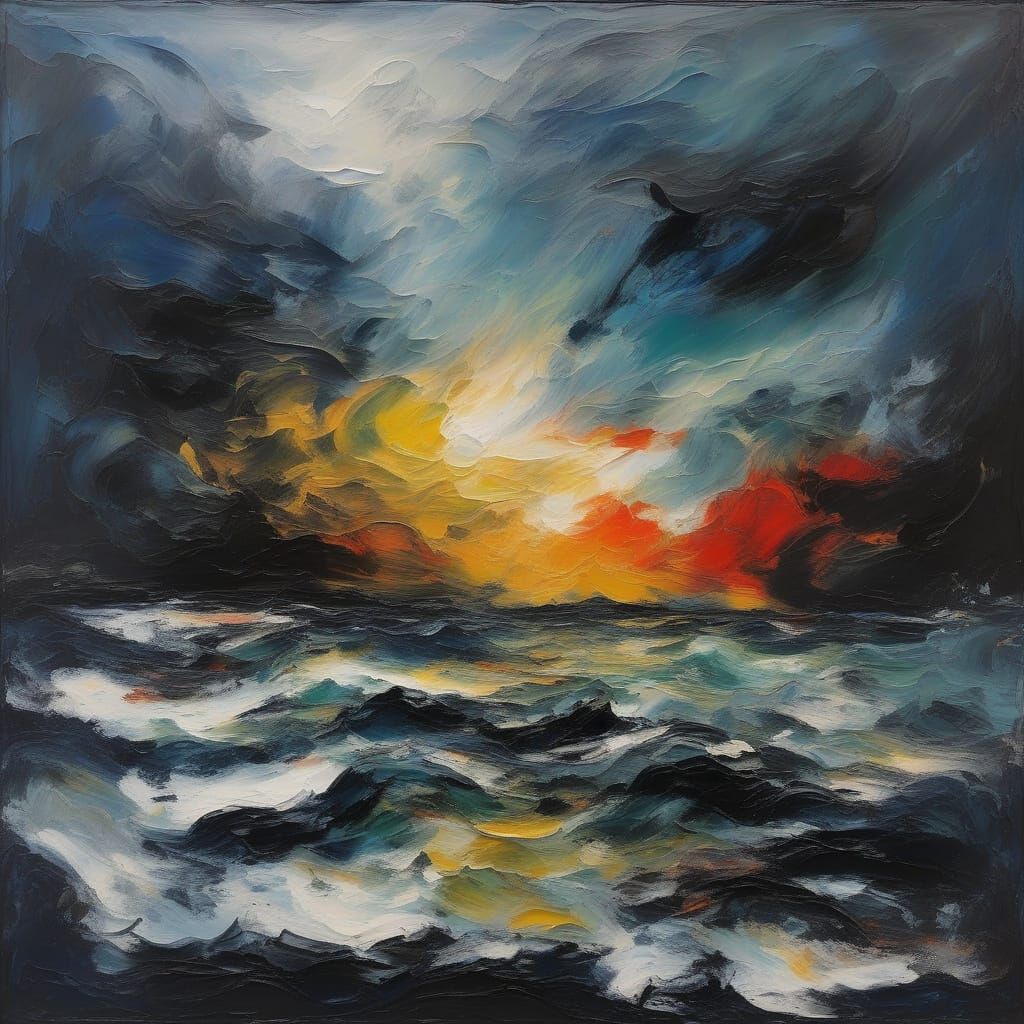 Turbulent Stormy Night Seascape in Expressive Impasto Style