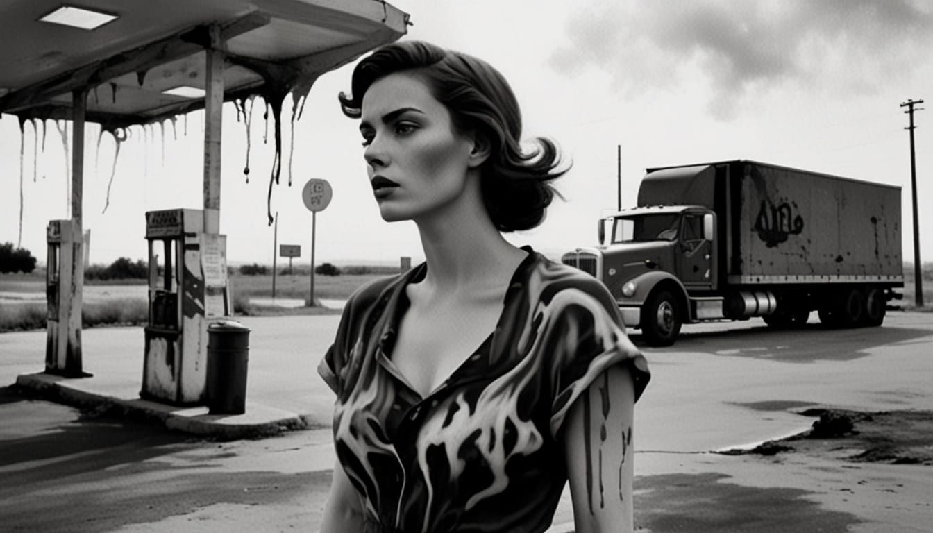 Surreal Woman at Desolate Truck Stop in Oil Painting