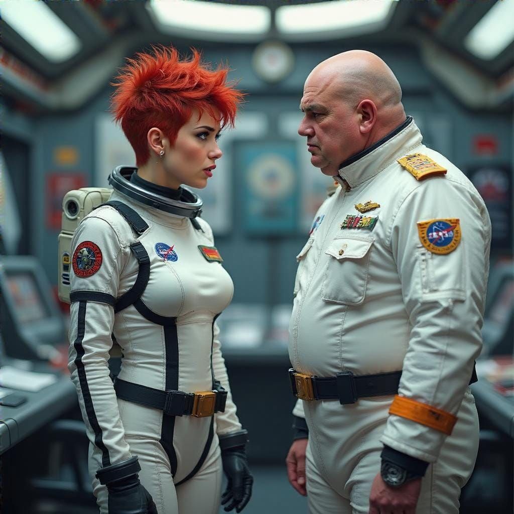 Futuristic Space Pilot Confronts Admirals in Mission Control