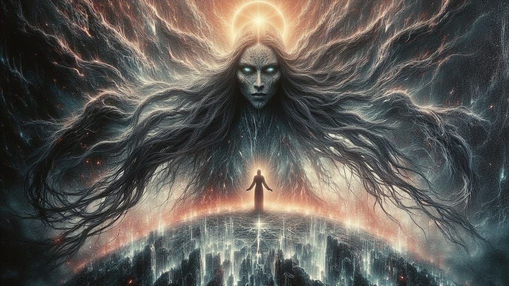 Ethereal Woman Embracing Sunrise Over Misty Valley