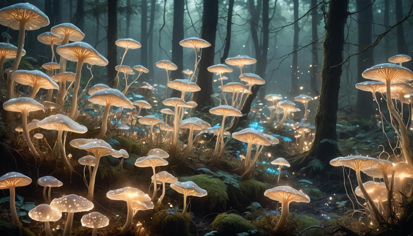 Bioluminescent Mushrooms Communicate in Impressionistic Fore...