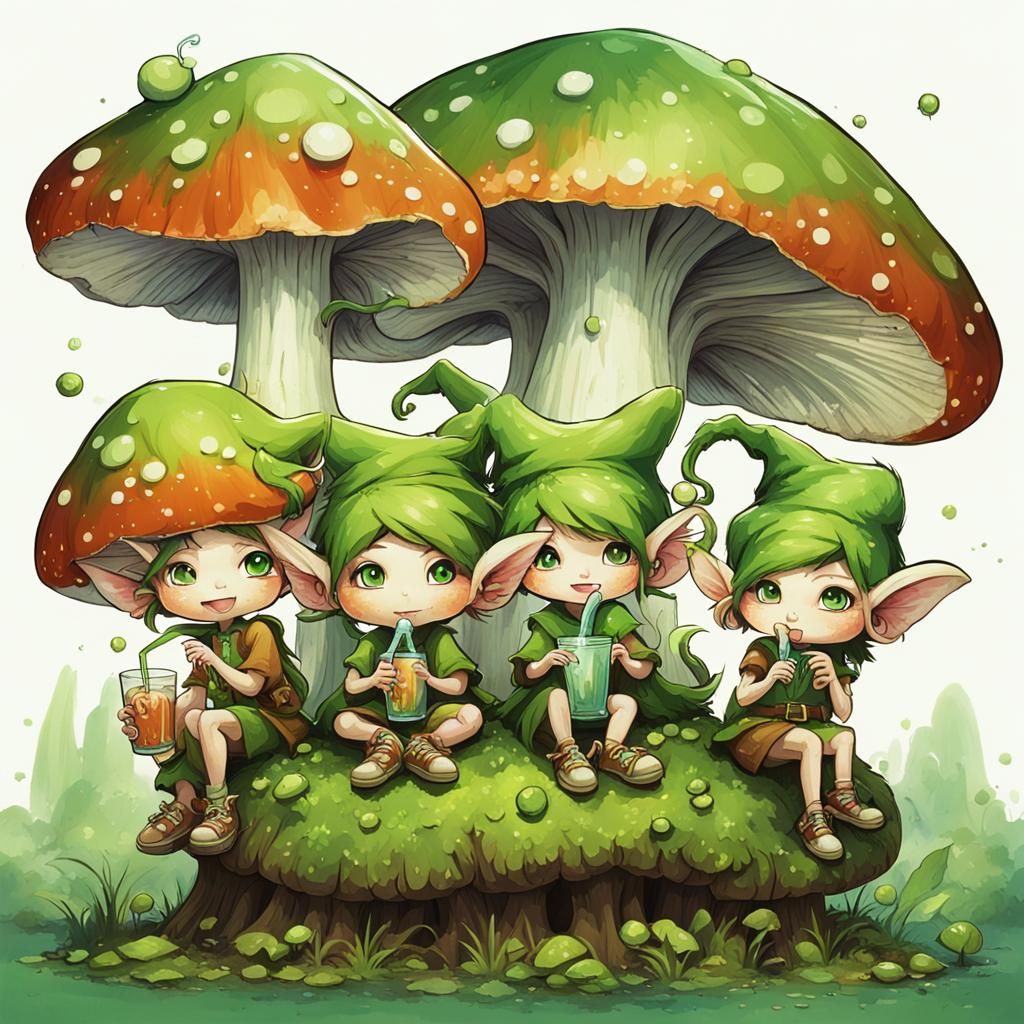 Pixies Sipping Soda on a Mushroom