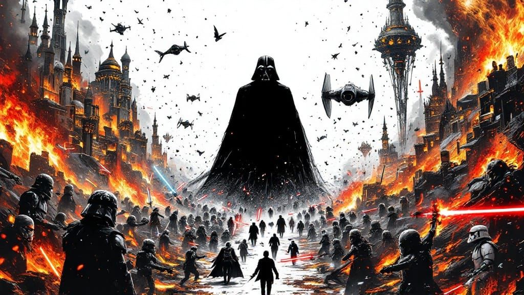 Cyberpunk Darth Vader Amidst Dystopian Chaos