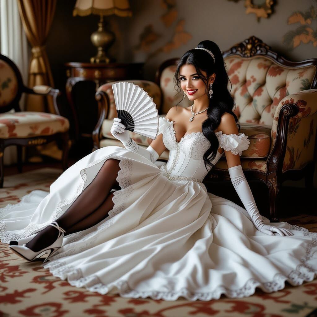 Woman in Lace Gown in Art Nouveau Style