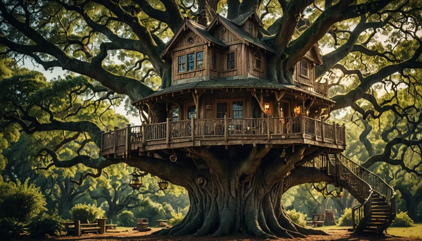 Detailed Rustic Treehouse in Oak Tree, Cinematic Style