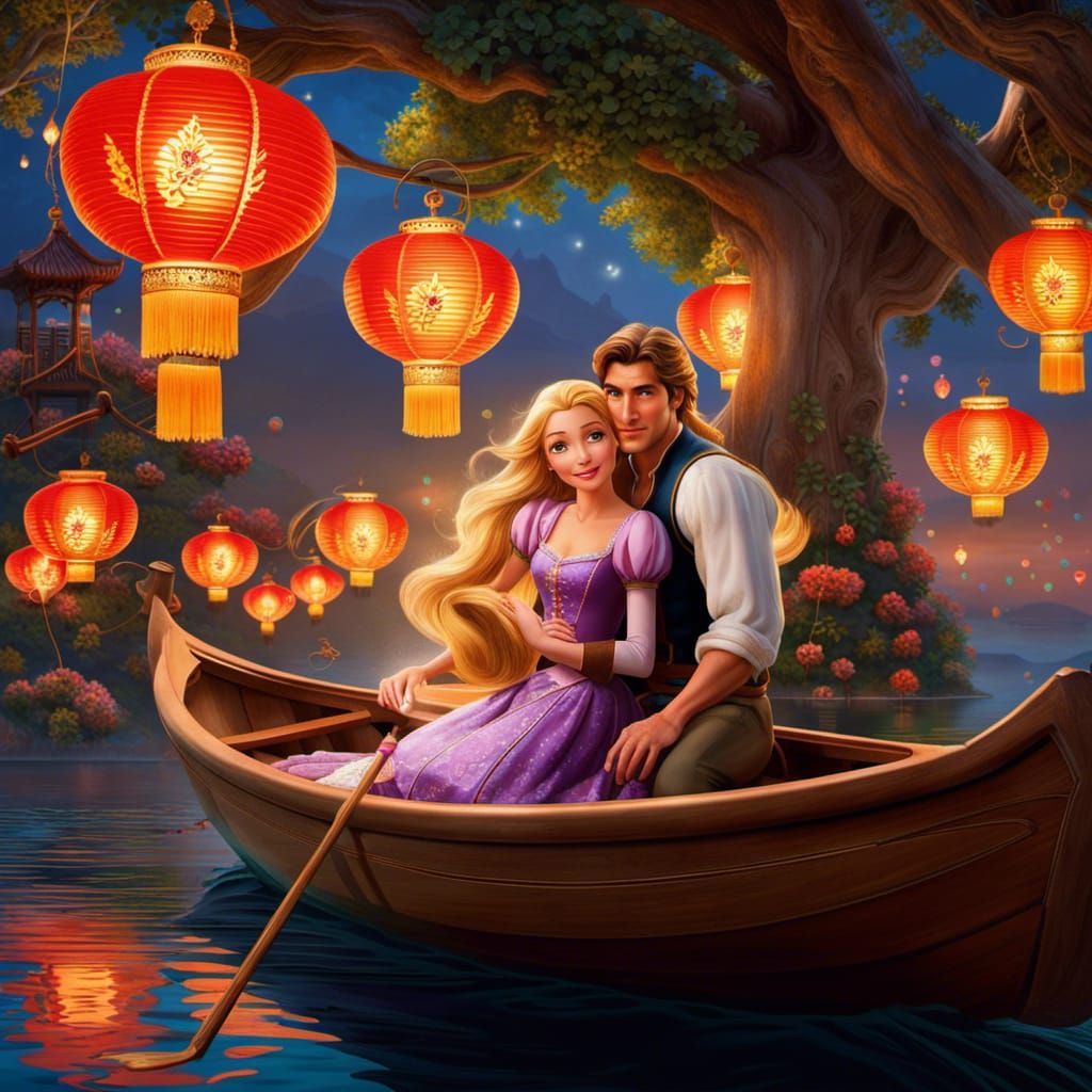 Princess Rapunzel and Flynn Rider Under Lanterns