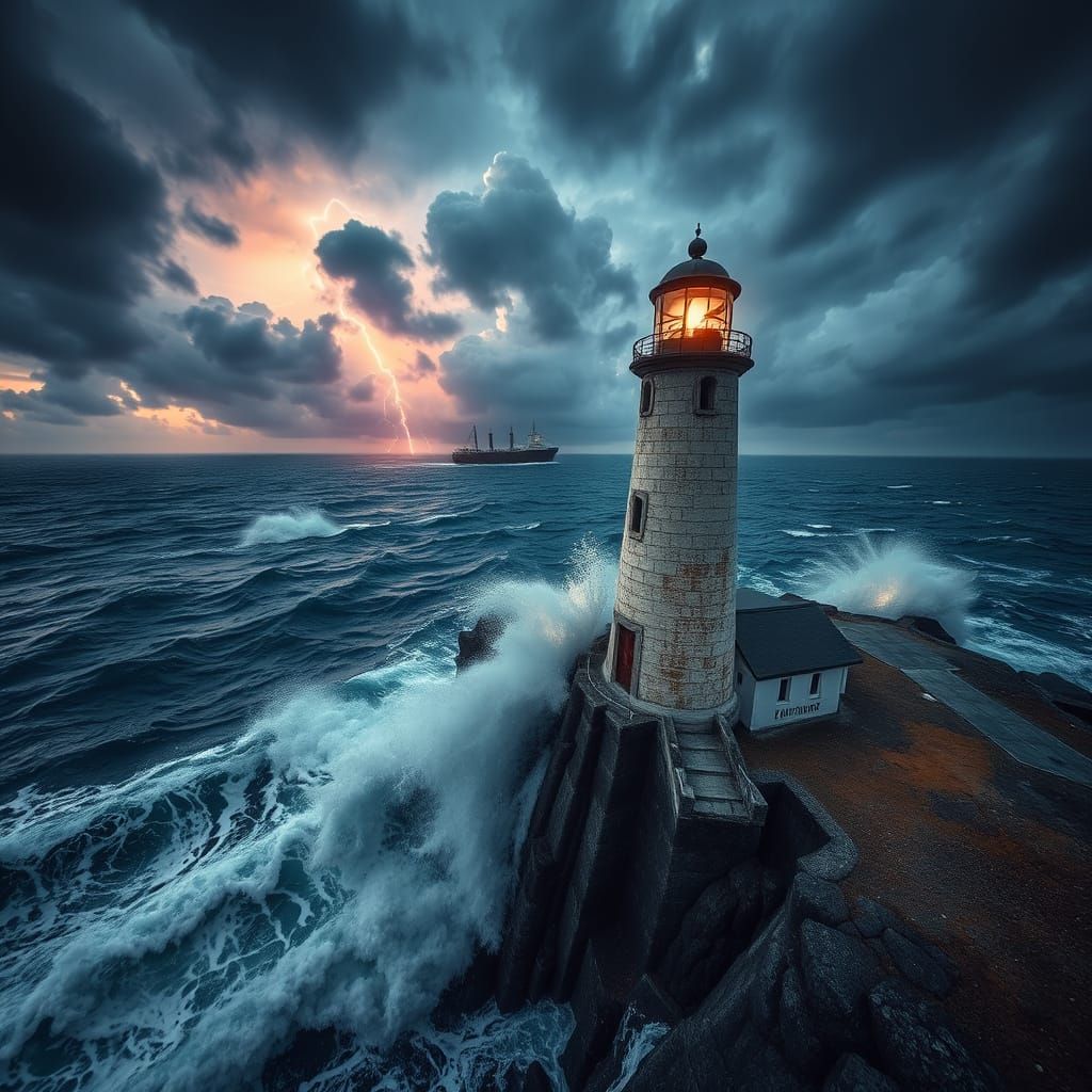 Dramatic Lighthouse Scene in Stormy Weather at Dusk