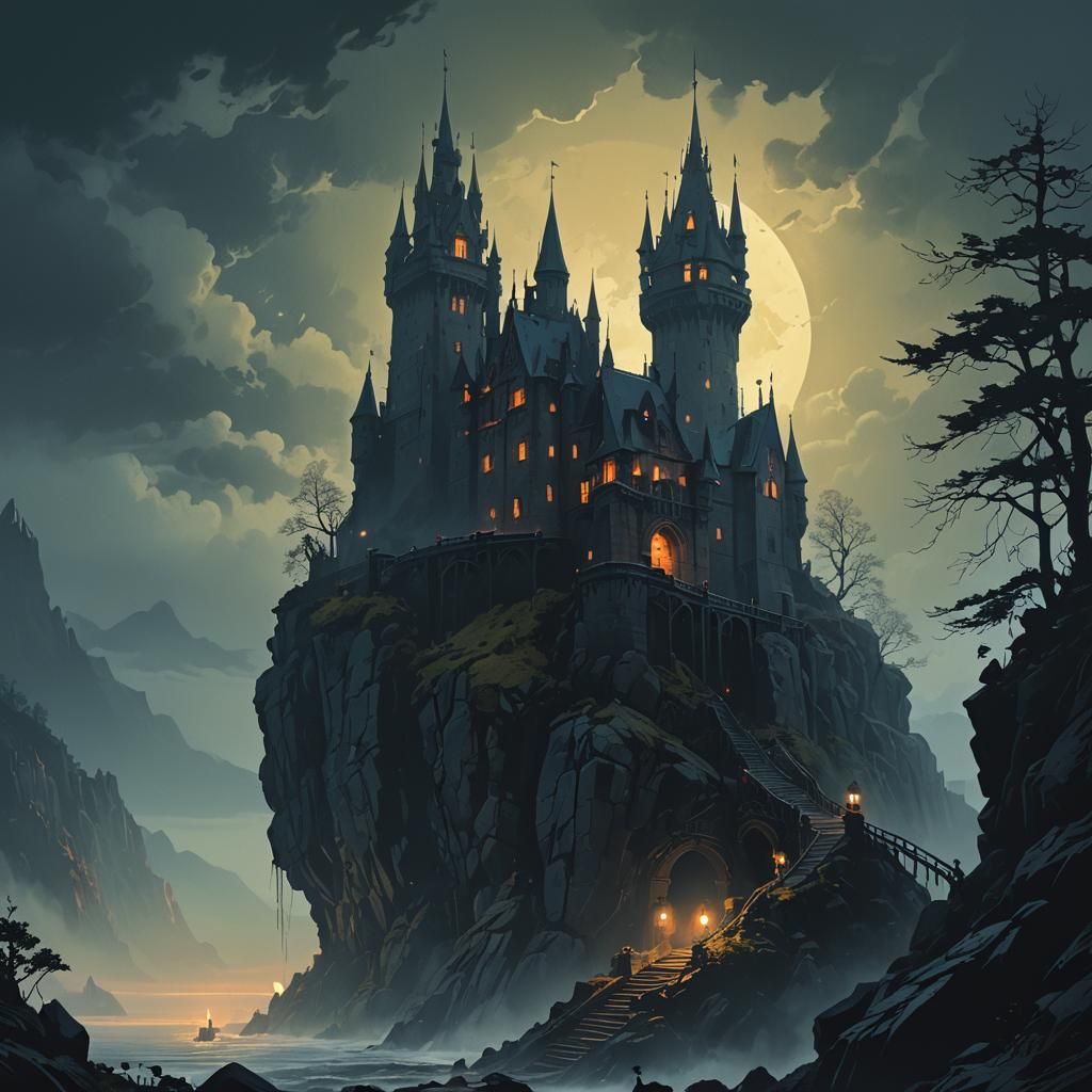 Ominous Gothic Castle with Lurking Creature
